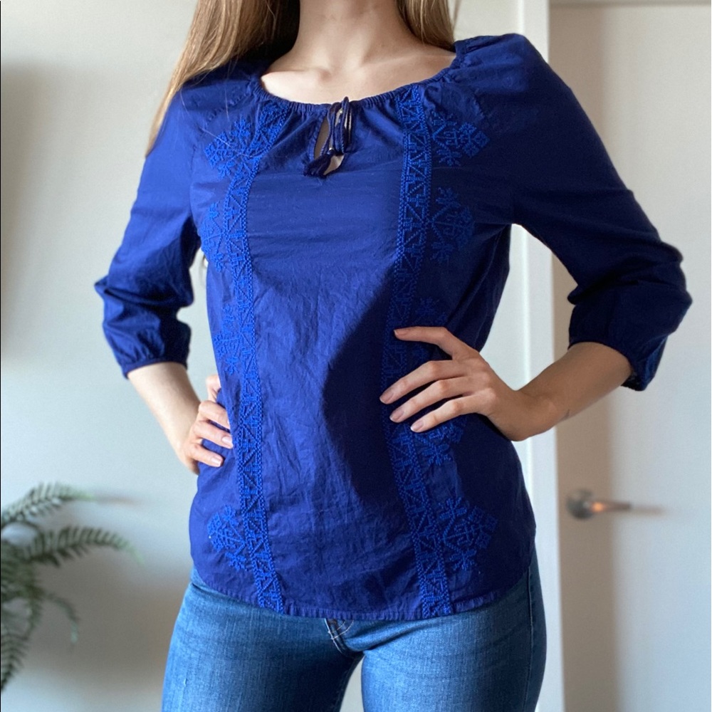 EXPRESS Tribal Stitched Navy Blouse